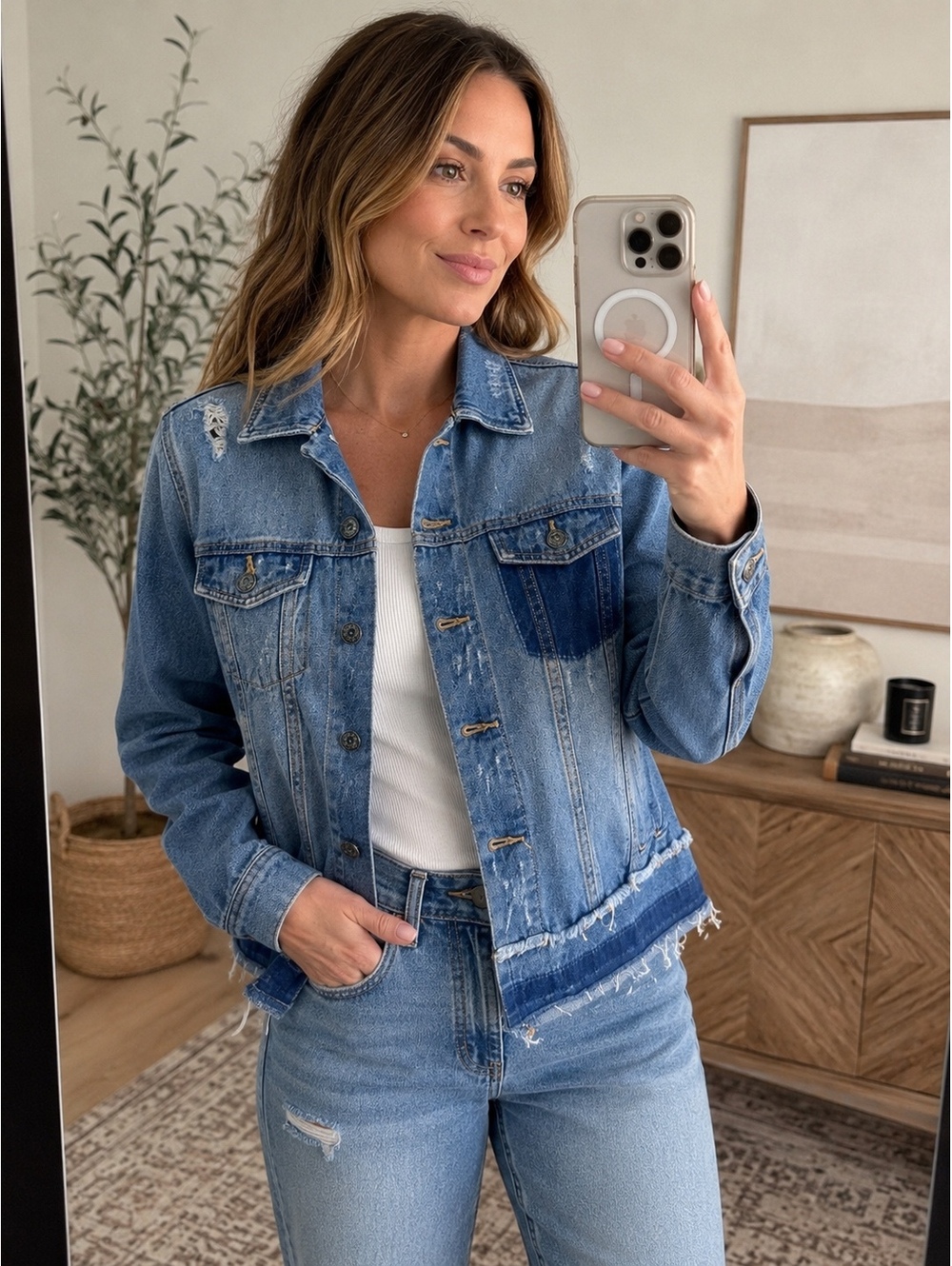 Sneak Peek Women’s Small Distressed Denim Jacket Raw Hem Patchwork Jean Jacket